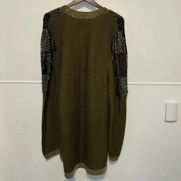 Women's Missing Tag Cardigan M Olive Green Gold Beaded Wool - Picture 11 of 16